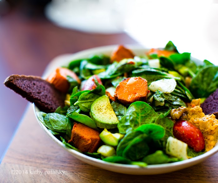 spinach walnuts tomato avocado sweet potato hummus onion salad vegan spinach walnuts tomato avocado sweet potato hummus onion salad