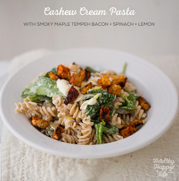 Cashew Cream Pasta with Lemon, Spinach, Tempeh Bacon Bits