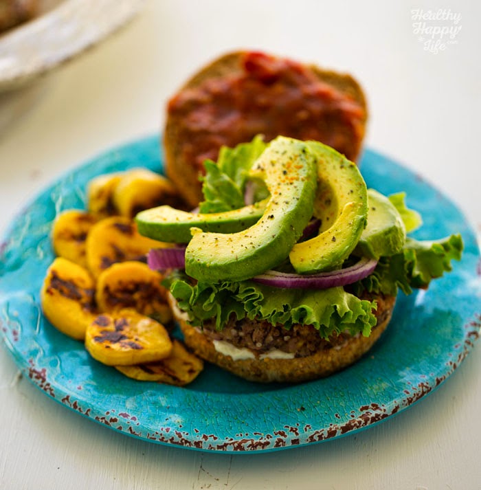 Black Bean Plantain Veggie Burgers with Avocado