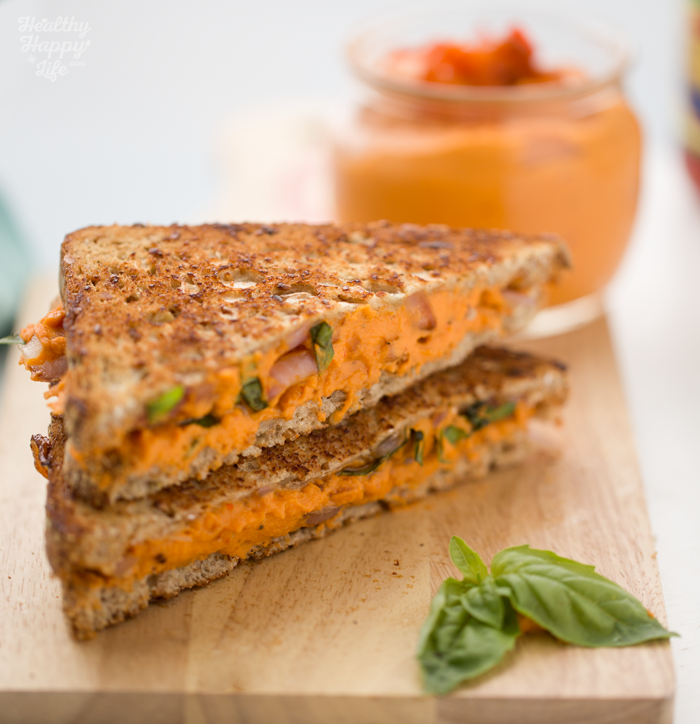 Red Pepper Hummus Caramelized Onion Basil Sandwich